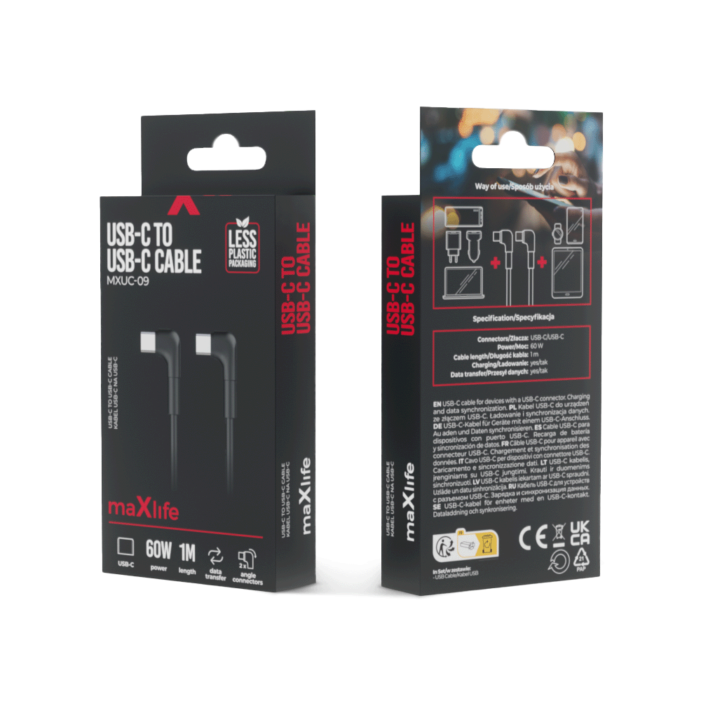 Maxlife MXUC-09 angle cable USB-C - USB-C 1,0 m 60W black 
