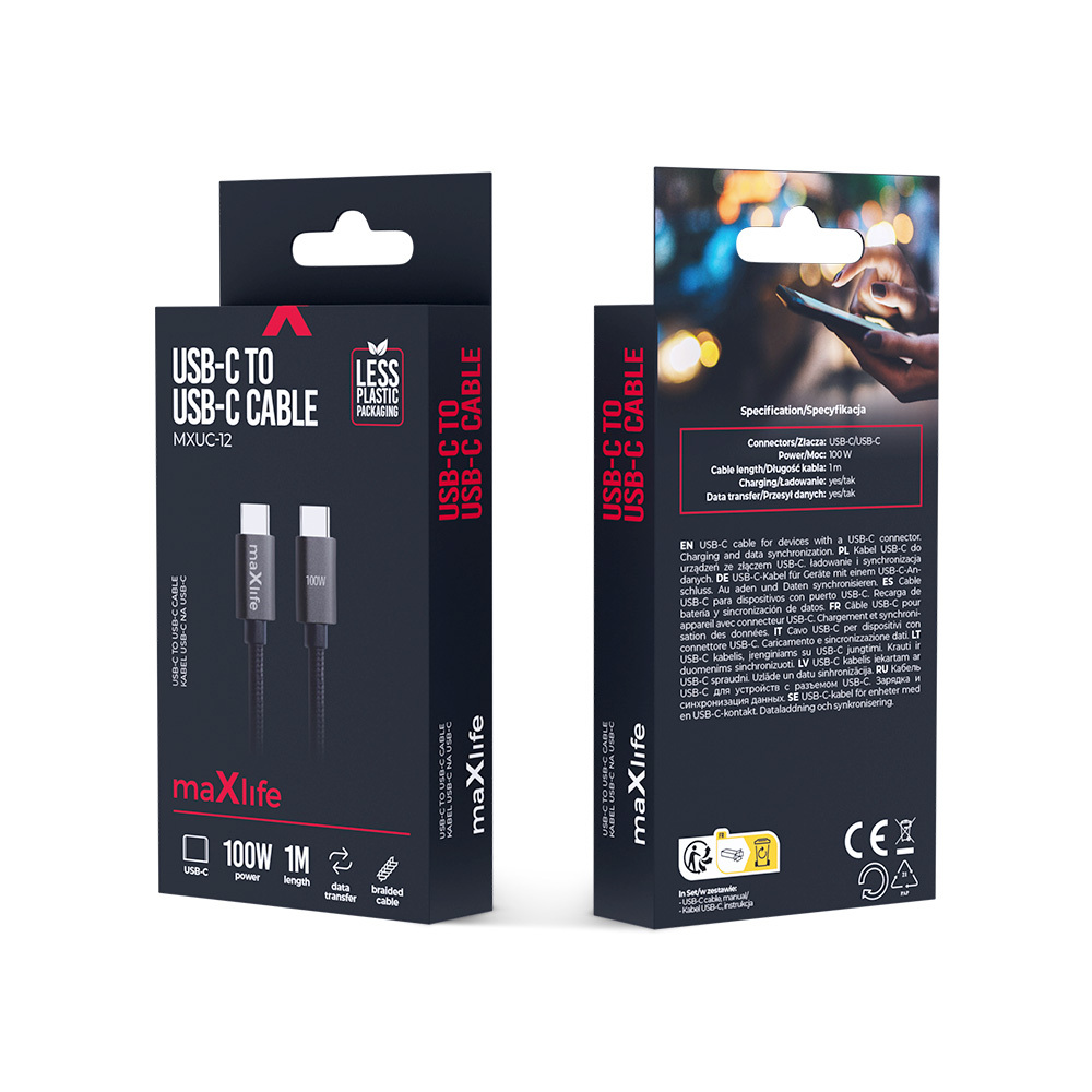 Maxlife MXUC-12 cable USB-C - USB-C 1,0 m 100W black 