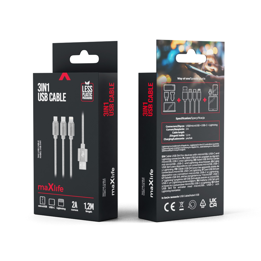 Maxlife kabel 3w1 USB - Lightning + USB-C + microUSB 1,0 m 2,1A šedý nylonowy