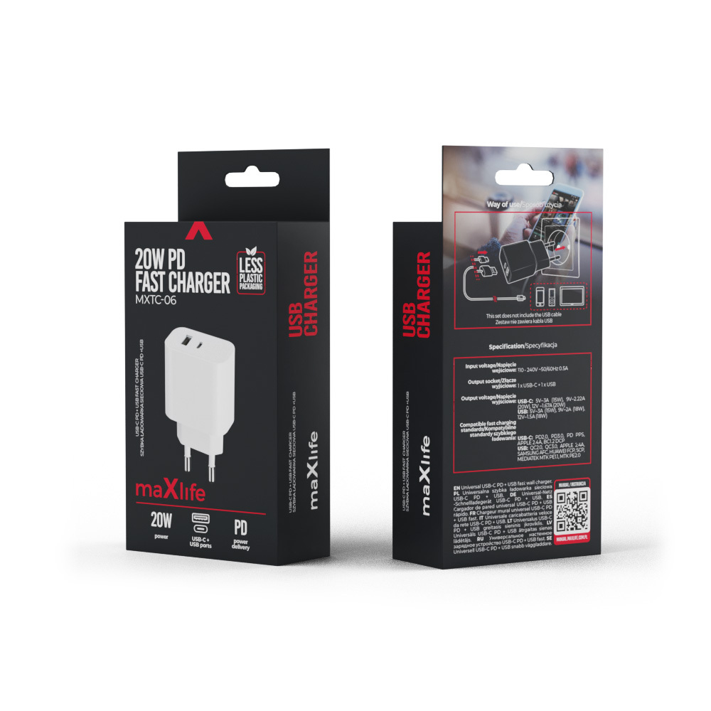 Maxlife MXTC-06 PD QC charger 1x USB-C 1x USB 20W white