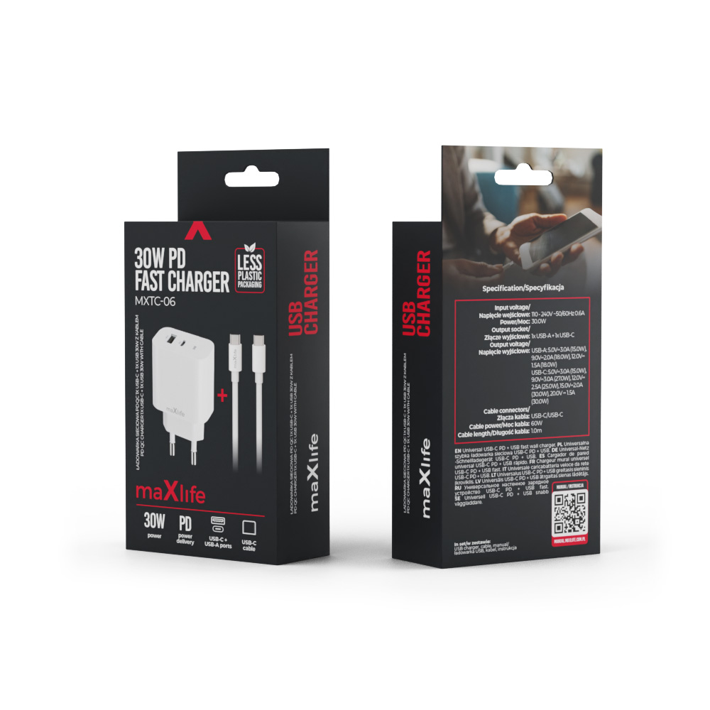  Maxlife MXTC-06-30AC PD QC charger 1x USB-C 1x USB 30W white + USB-C - USB-C cable 60W 