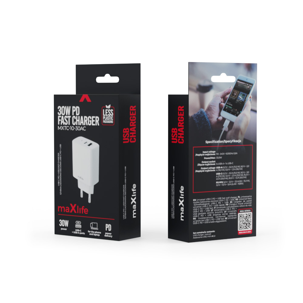  Maxlife MXTC-10-30AC PD QC charger 1x USB-C 1x USB 30W white Maxlife
