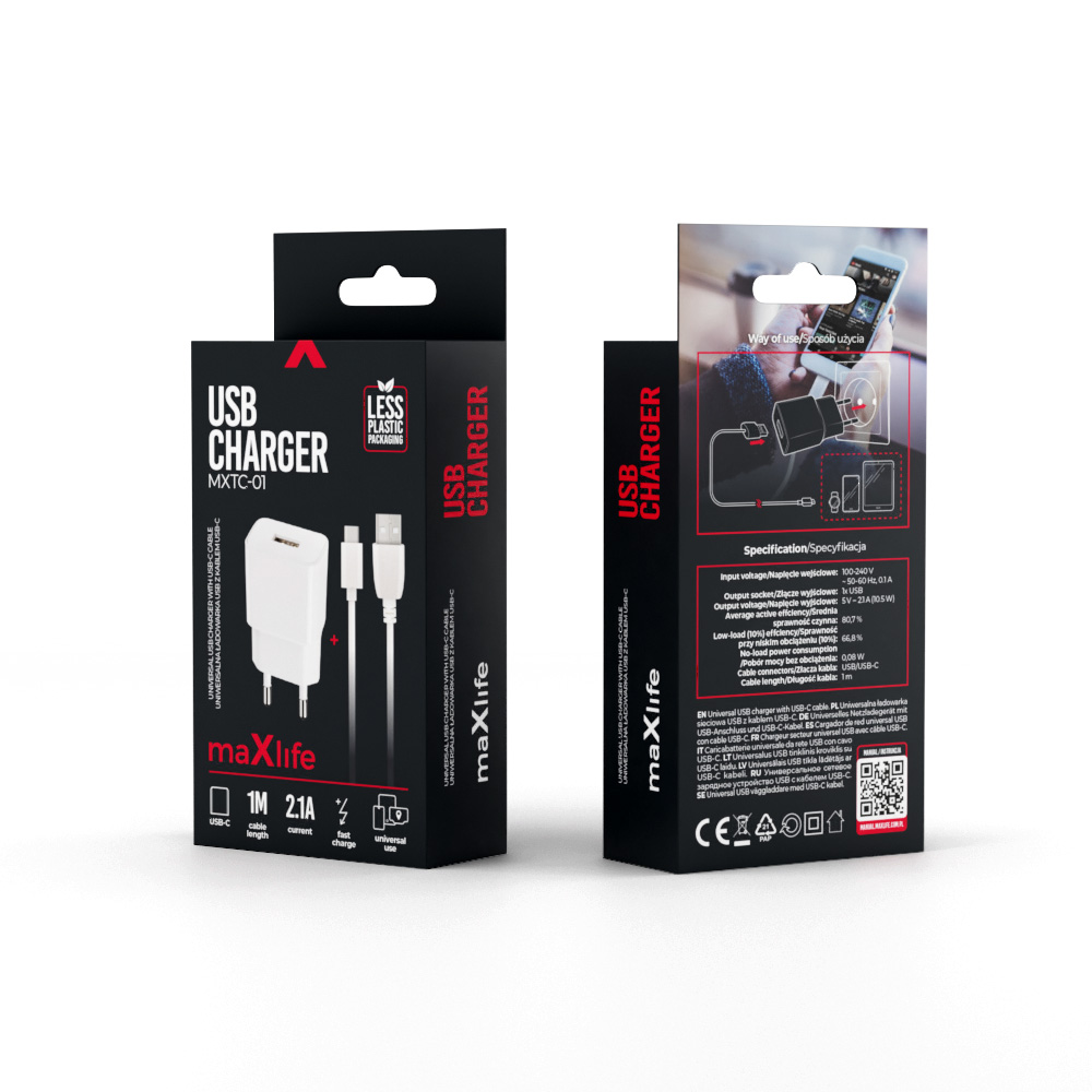 Maxlife MXTC-01 charger 1x USB 2.1A white + USB-C cable 